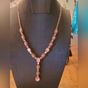 Avon Rose Gold Filigree Pink Cabochon & Crystal Y Necklace